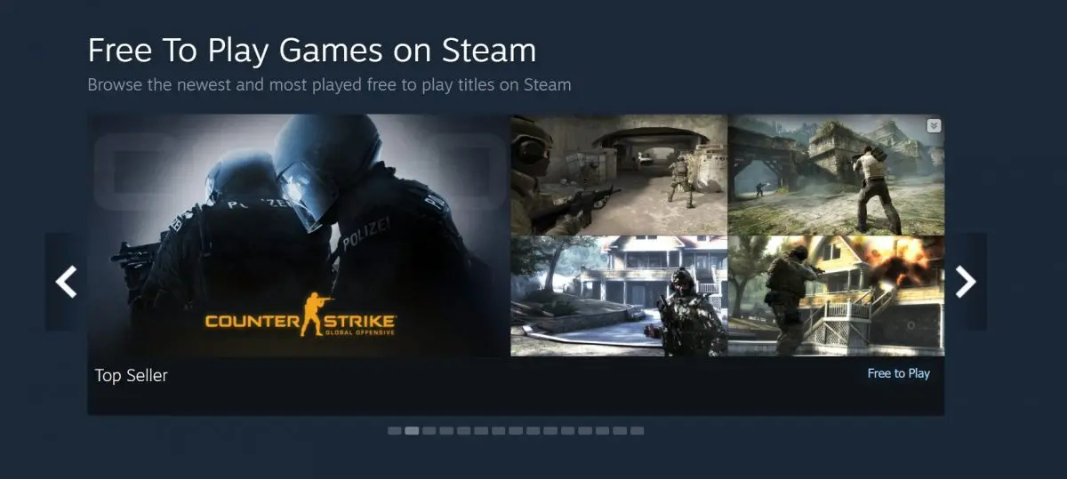 Steam's Free to Play section featuring 'Counter-Strike: Global Offensive' and gameplay images.