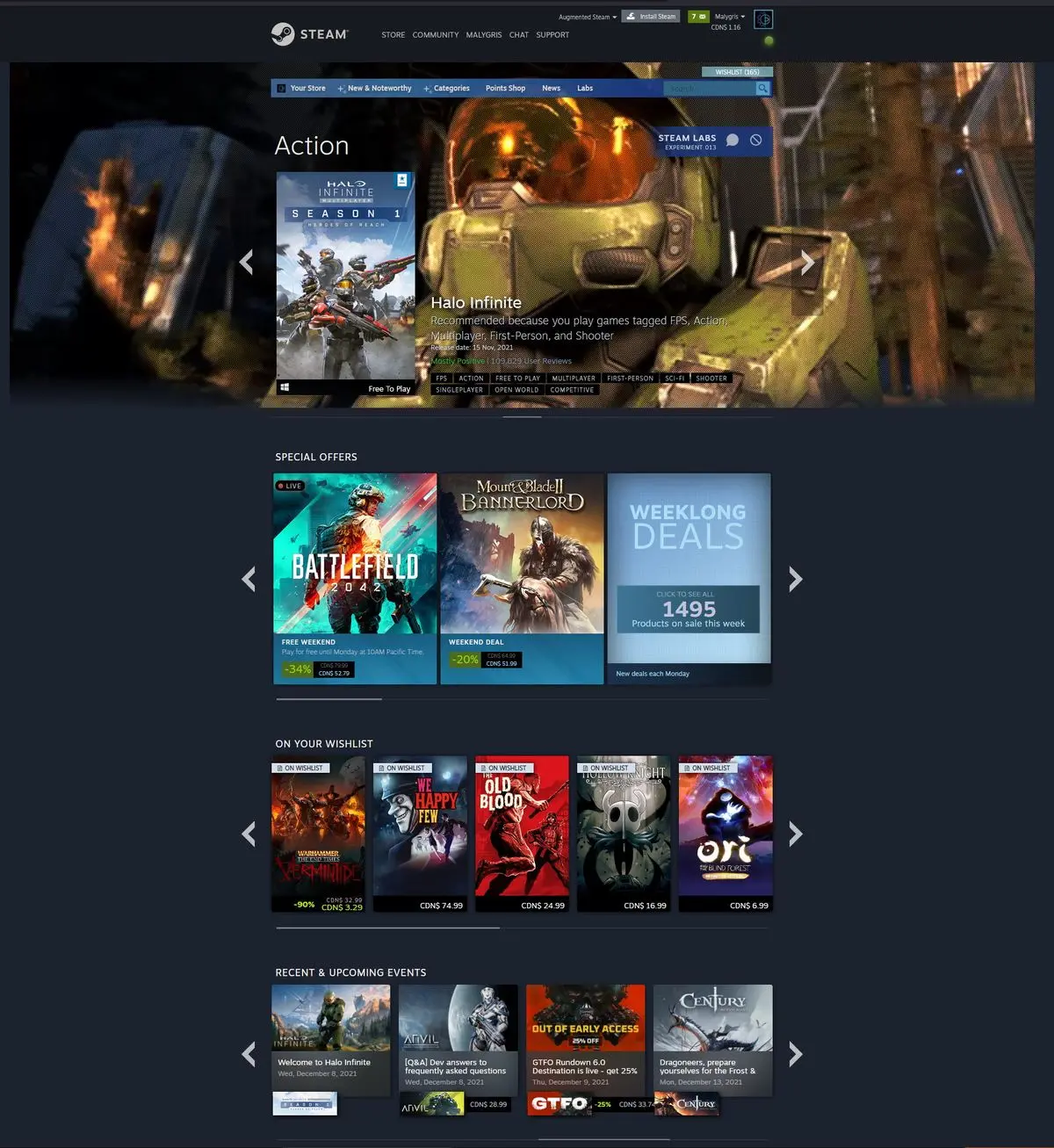 Steam Store homepage showcasing game offers and promotions.