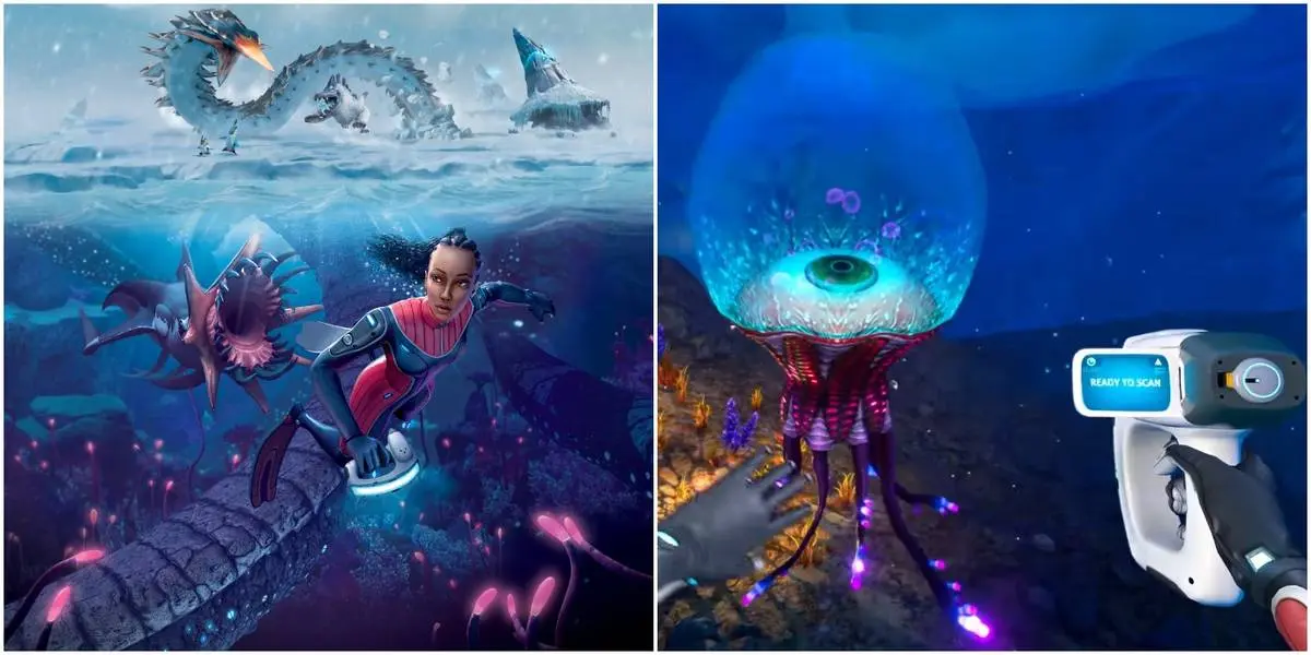 Underwater scene from Subnautica 2 showcasing a diver and alien creatures.
