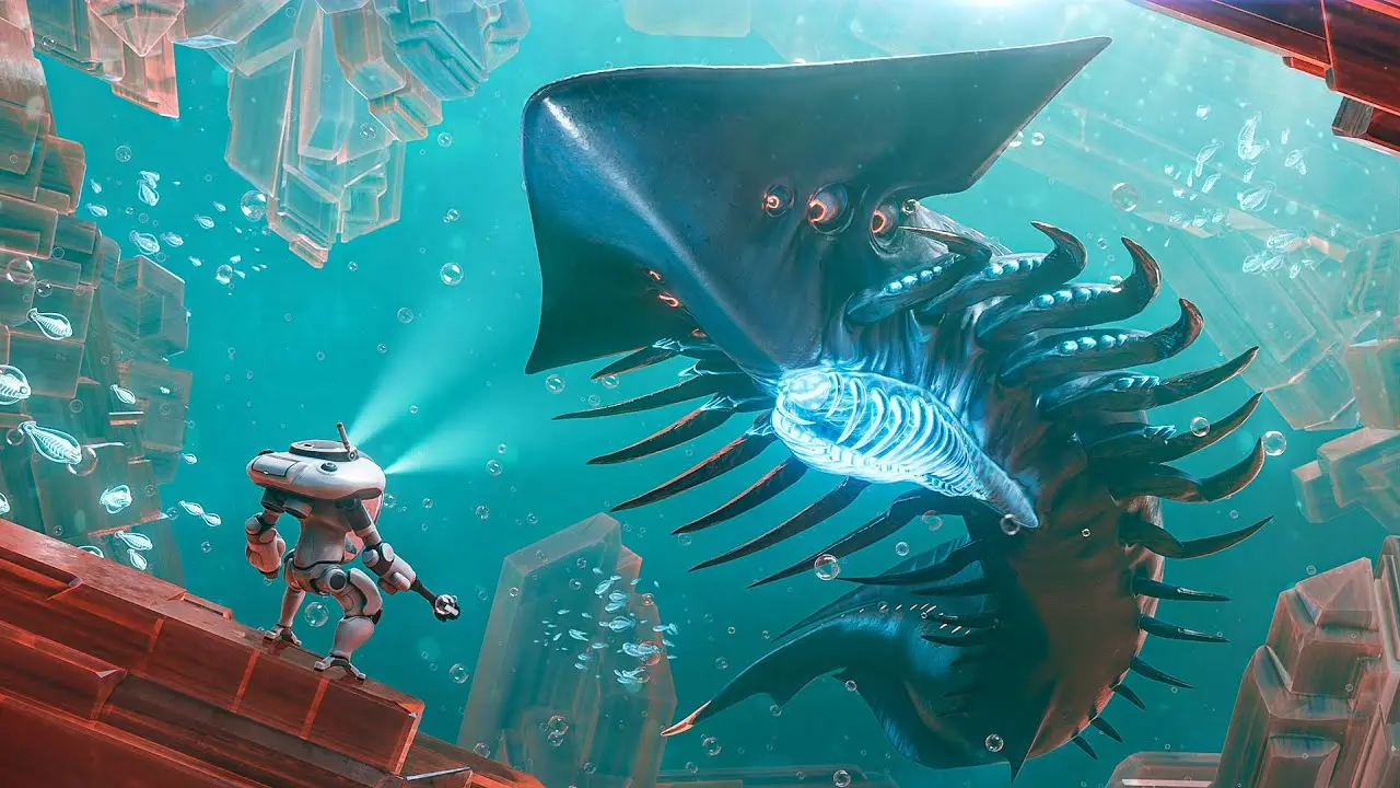An underwater scene depicting a diver encountering a large alien creature in Subnautica 2.