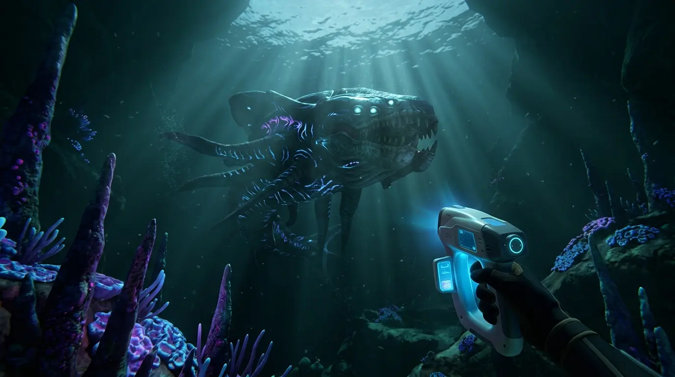 Massive underwater leviathan creature approaches diver with defensive tool in alien ocean