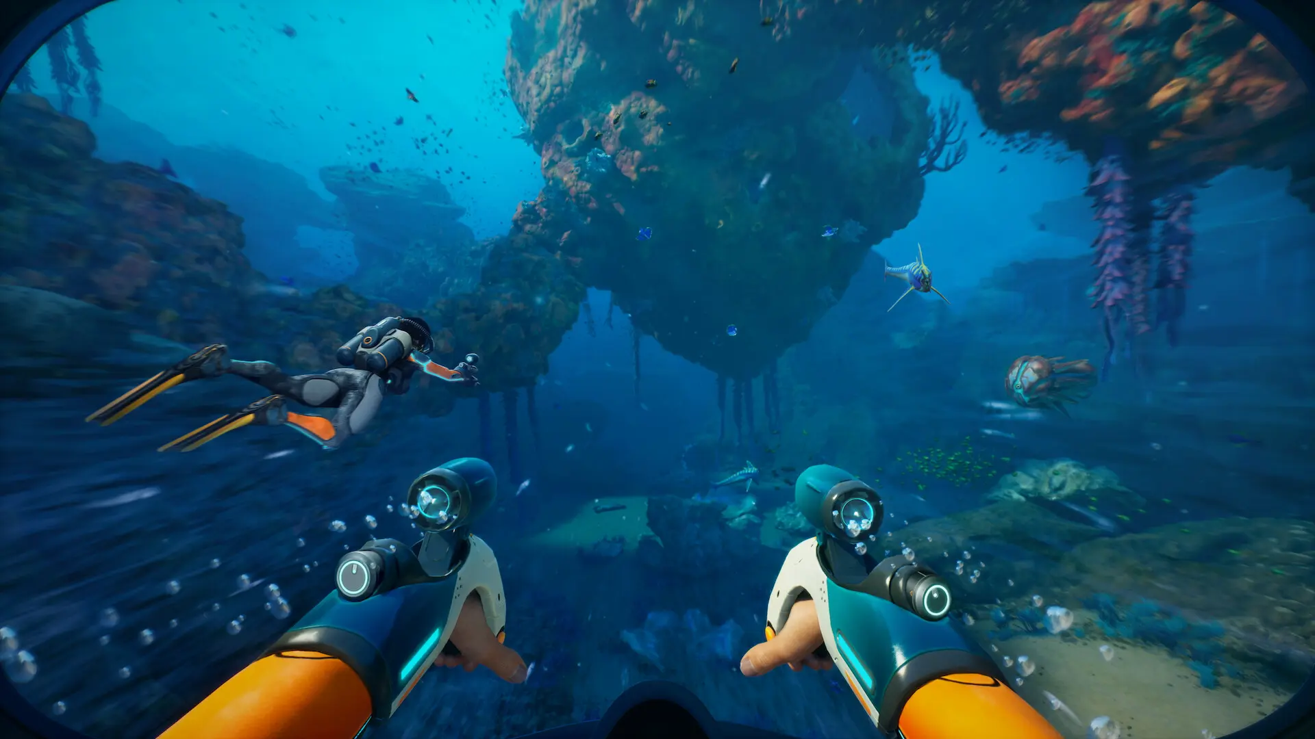 Underwater view in Subnautica 2 with character using non-lethal tools.