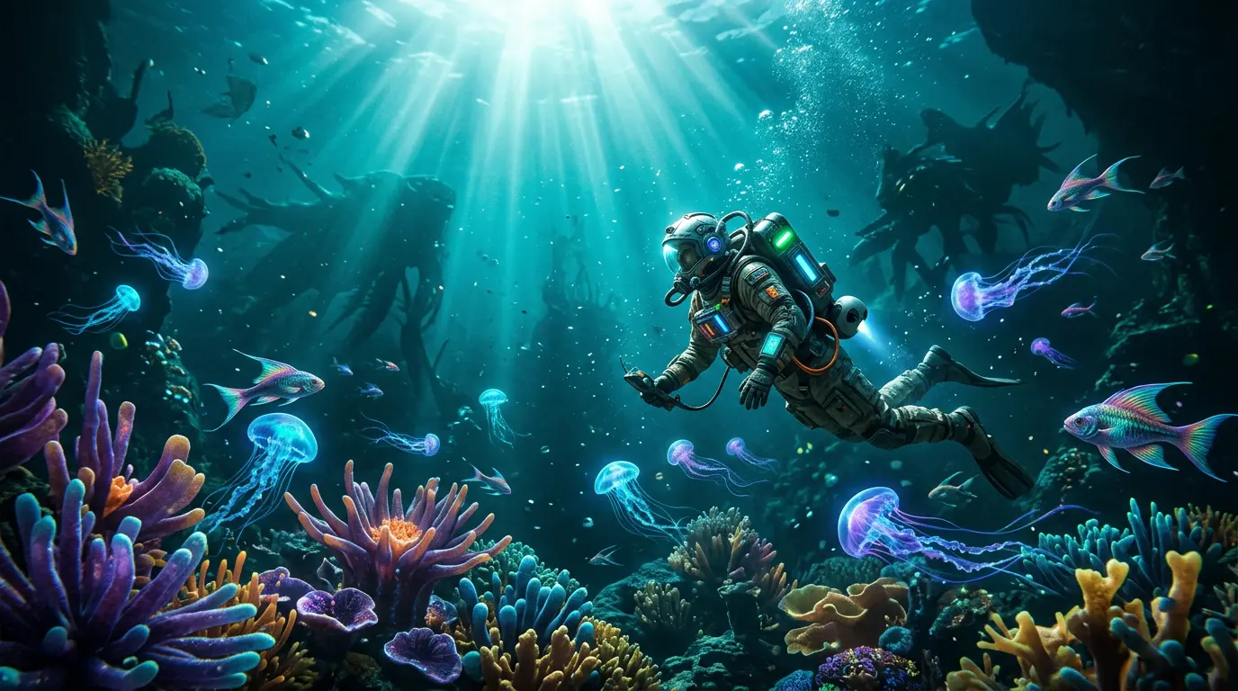 Underwater diver exploring alien ocean with bioluminescent creatures in Subnautica 2