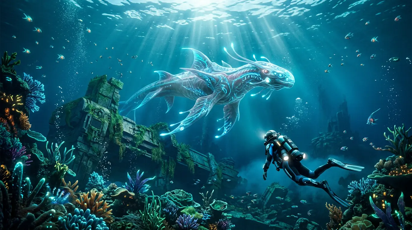 Diver exploring alien underwater world with bioluminescent creatures in Subnautica 2