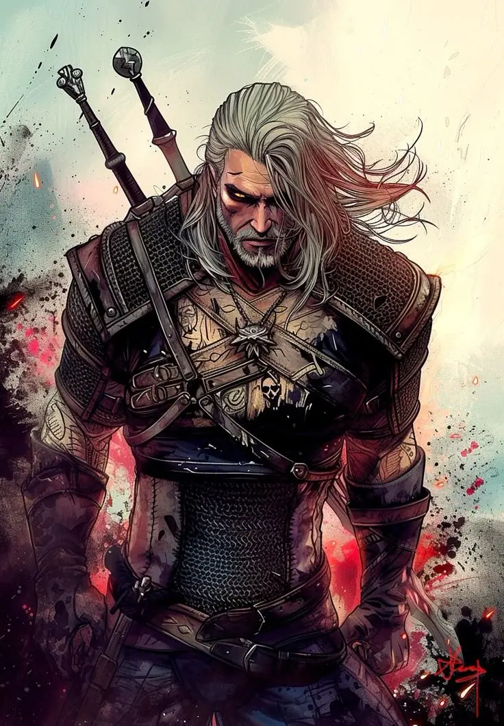 Digital artwork of Geralt of Rivia, the protagonist from The Witcher 3 game.