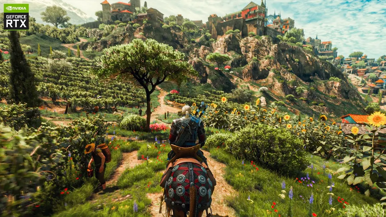 Geralt of Rivia riding through a vibrant, lush landscape in The Witcher 3.