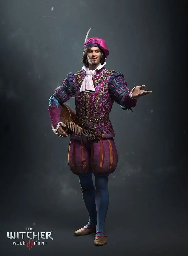 Jaskier Dandelion from The Witcher, dressed in colorful bard attire with a lute.