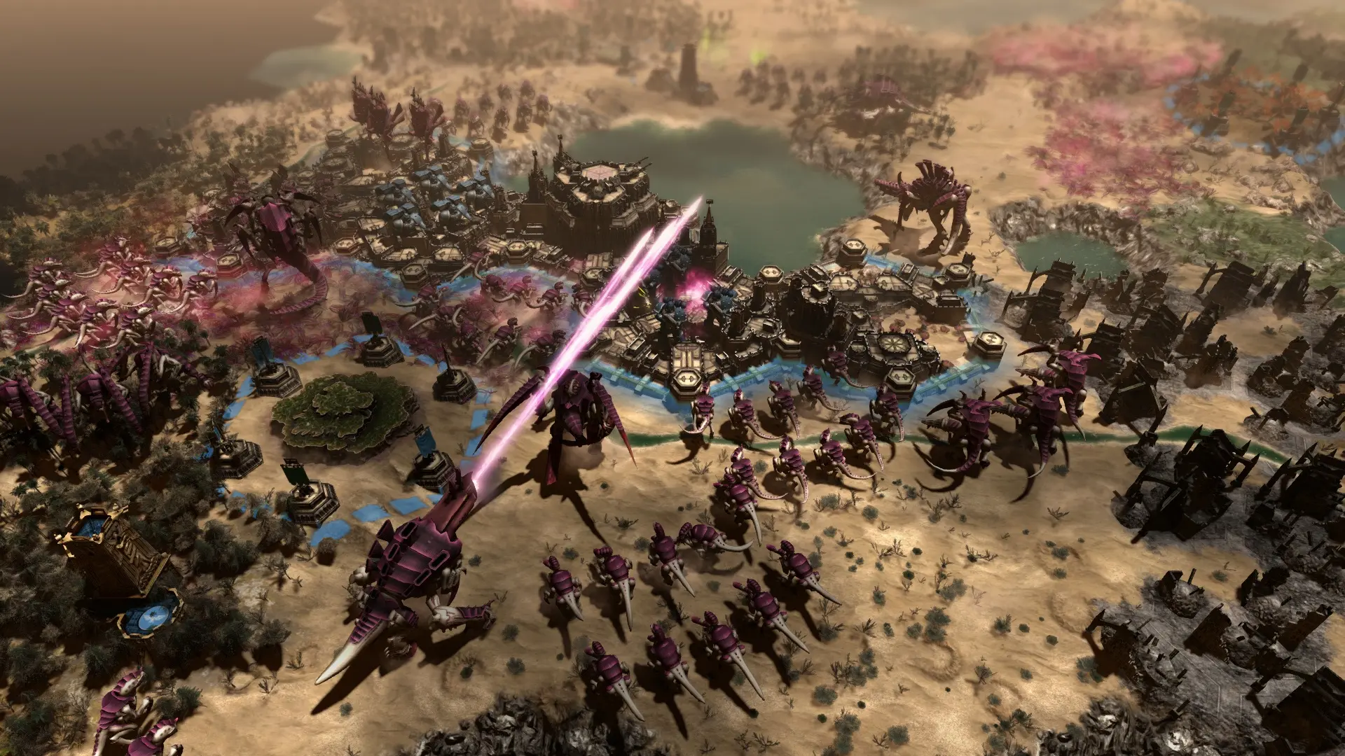 A landscape from Warhammer 40,000: Gladius, featuring battle units and terrain.