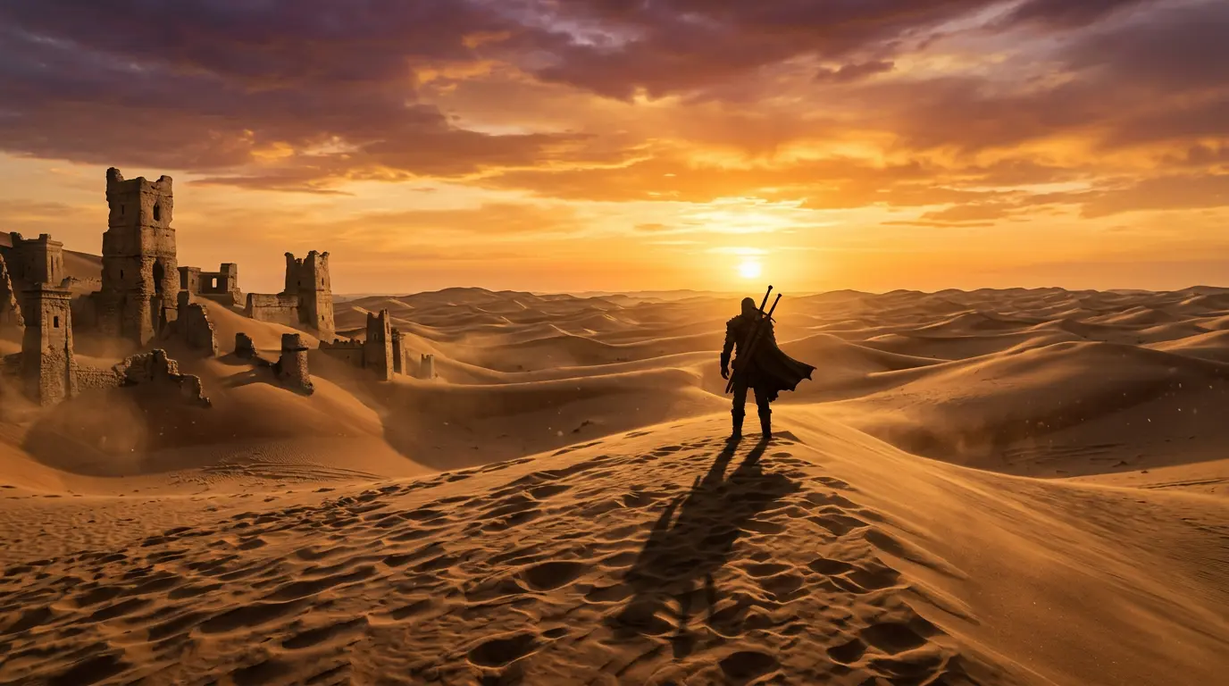 Vast desert landscape with warrior silhouette and ancient ruins in golden sunset light