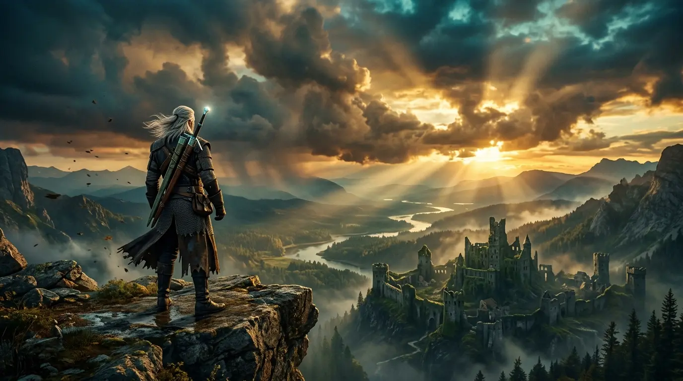 Witcher standing on cliff edge overlooking misty fantasy landscape at golden hour
