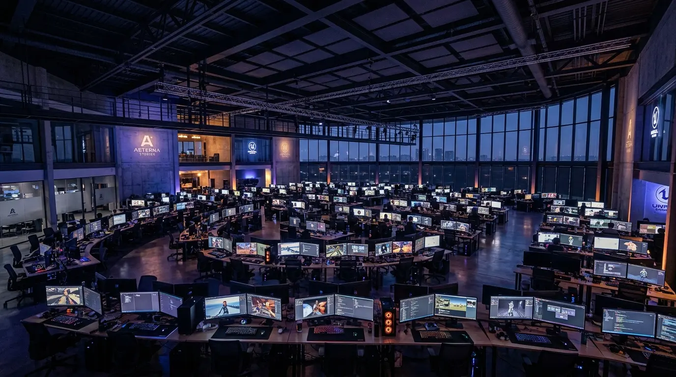 Massive game development studio workspace with hundreds of glowing workstations