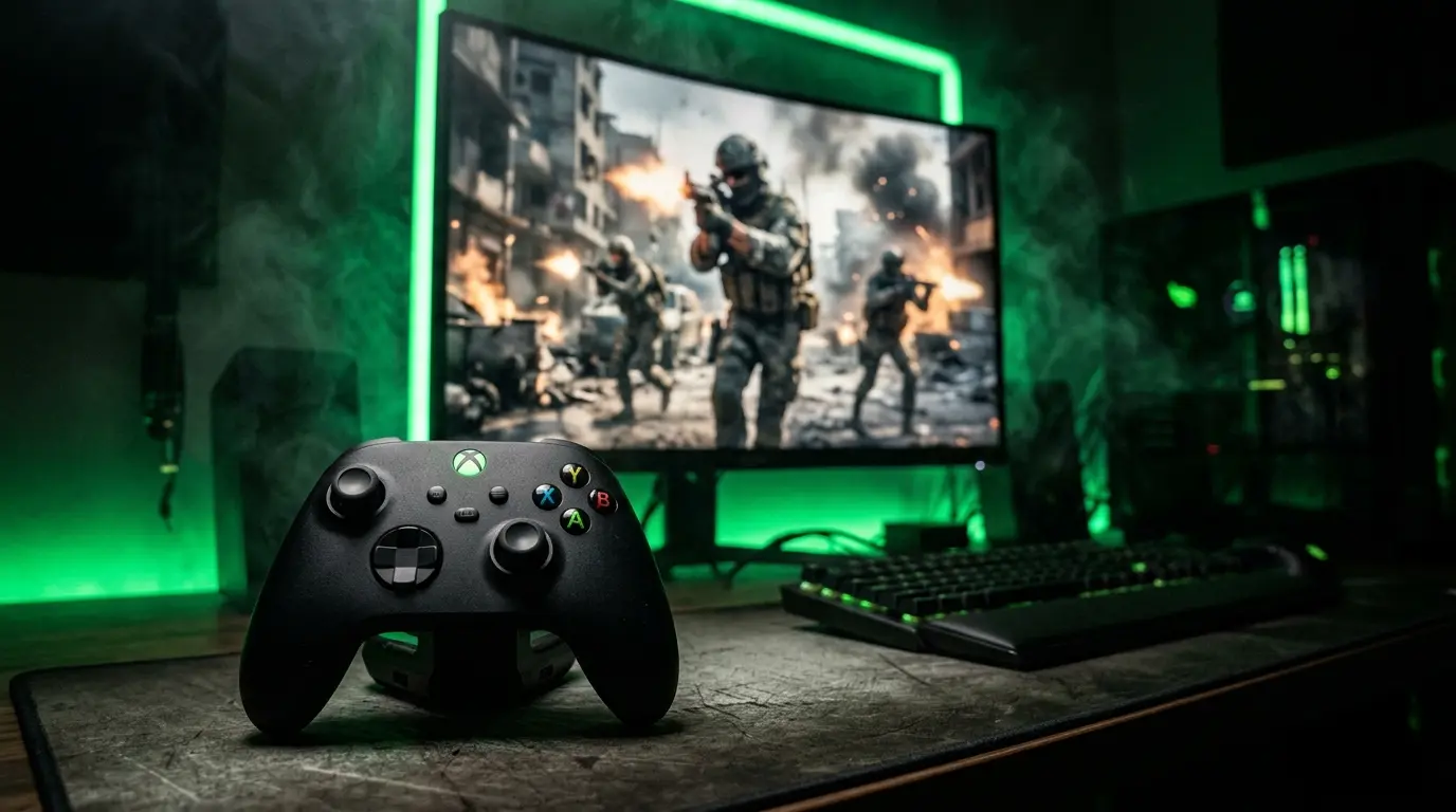 Xbox controller with dramatic green lighting and military FPS gameplay on screen in background