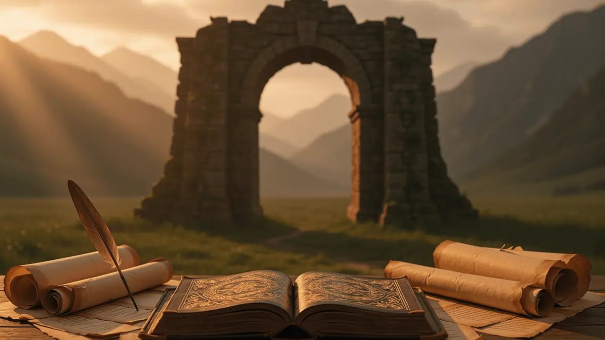 Fantasy stone archway in misty landscape with ancient tome and scrolls in foreground