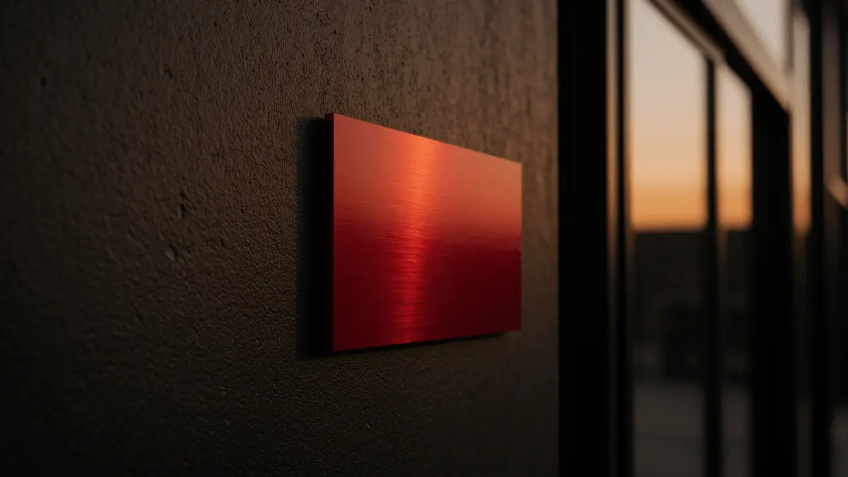 Red metallic corporate nameplate on industrial wall with dramatic lighting