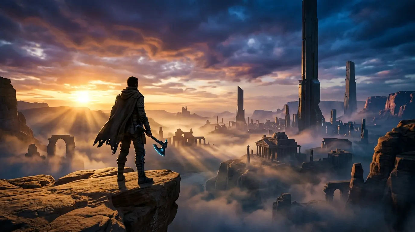 Mysterious warrior overlooking epic open-world landscape with ancient ruins and dramatic lighting