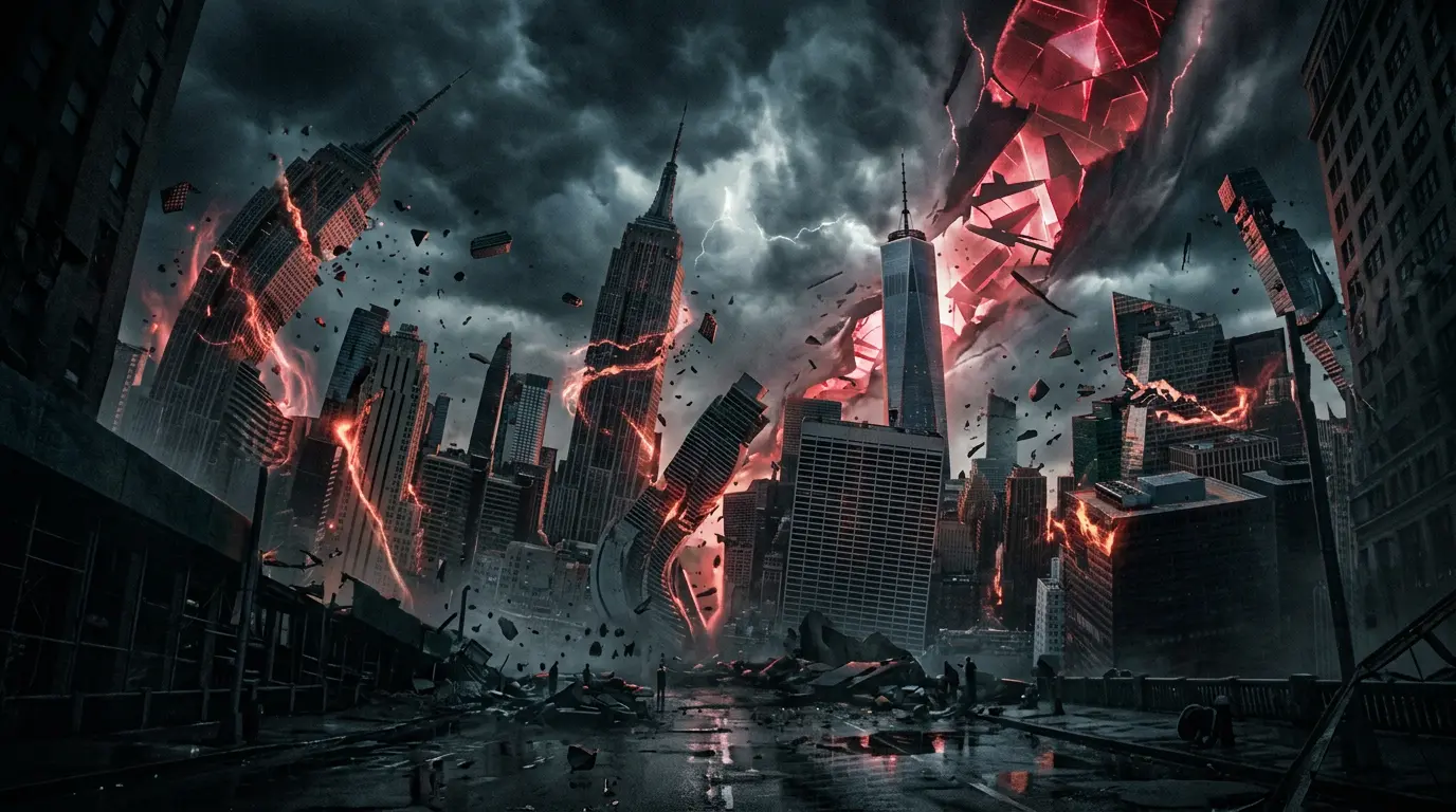 Supernaturally distorted Manhattan skyline with paranormal energy and warped architecture