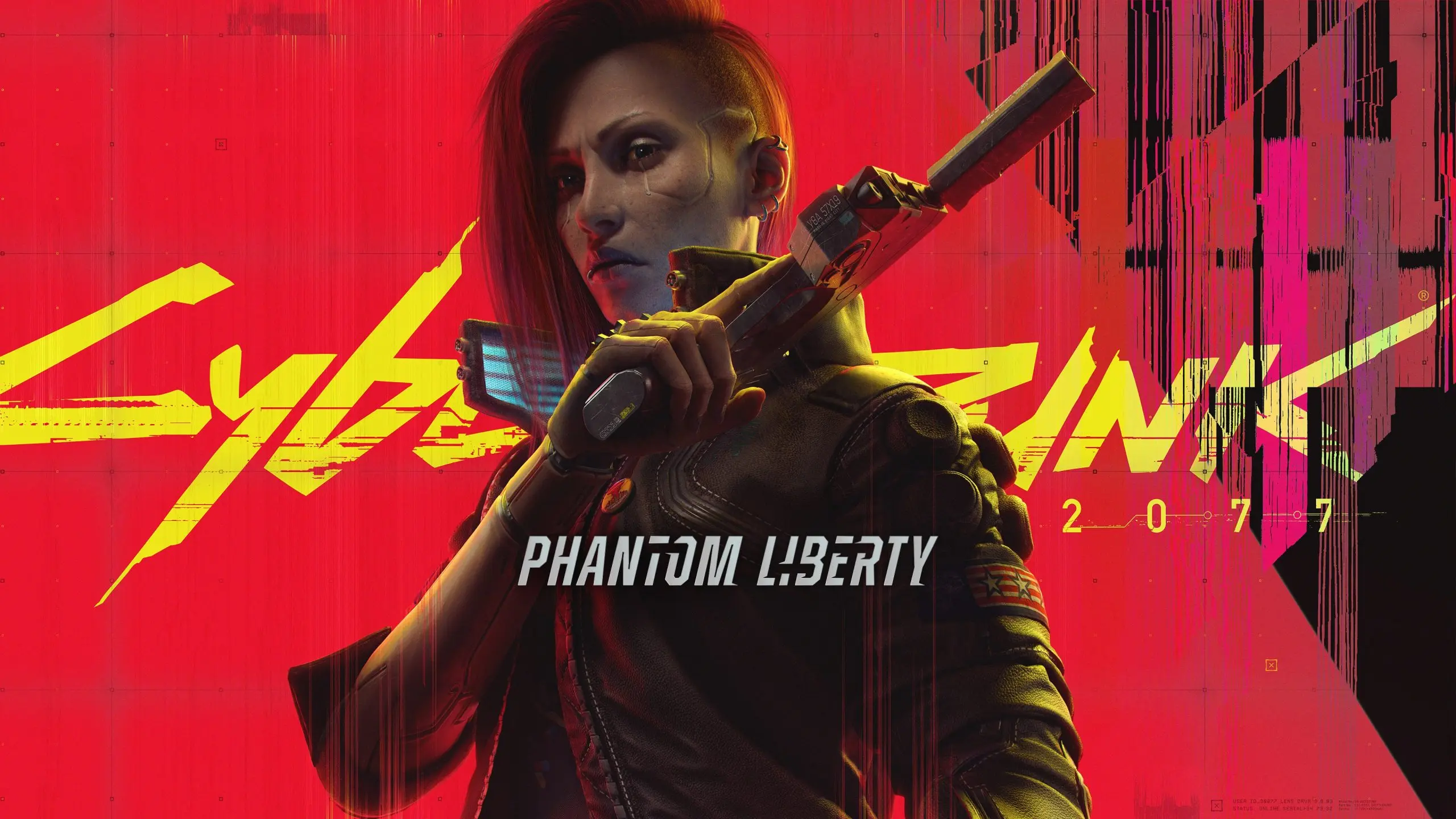 Artwork of a character from Cyberpunk 2077 holding a weapon with a red background.