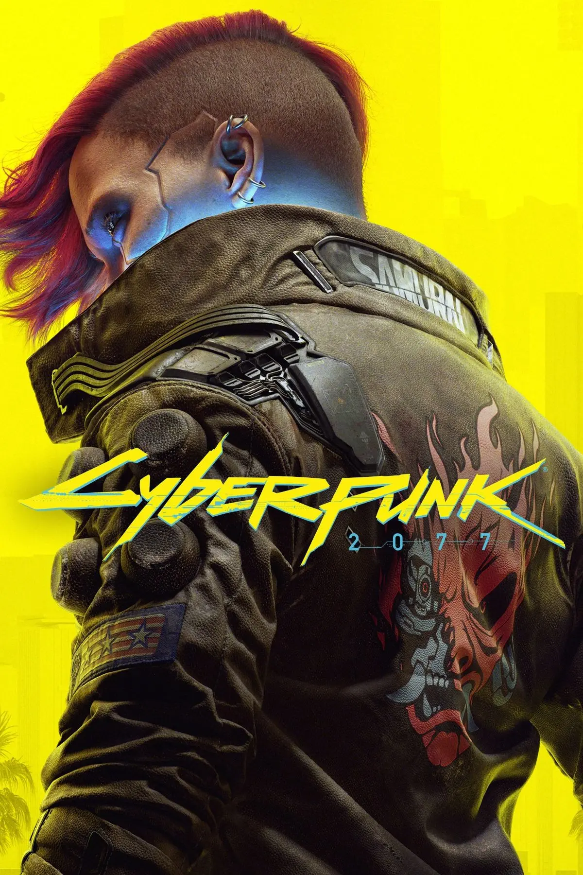 Close-up of a character from Cyberpunk 2077 with vibrant hair and a leather jacket.