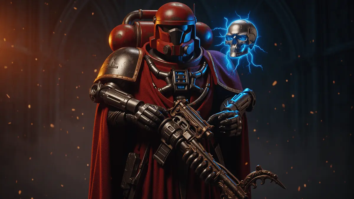 Adeptus Mechanicus Skitarii soldier with servo-skull and arc weapon in gothic industrial setting