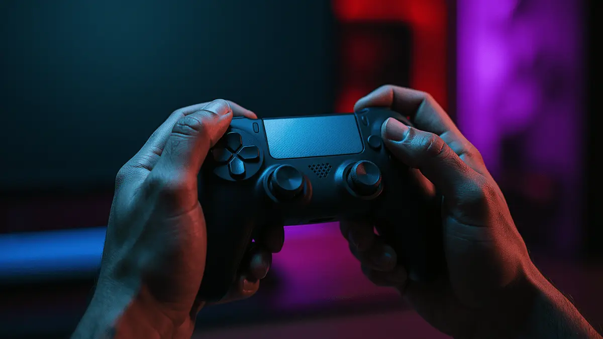 Frustrated gamer gripping controller in dark room with monitor glow