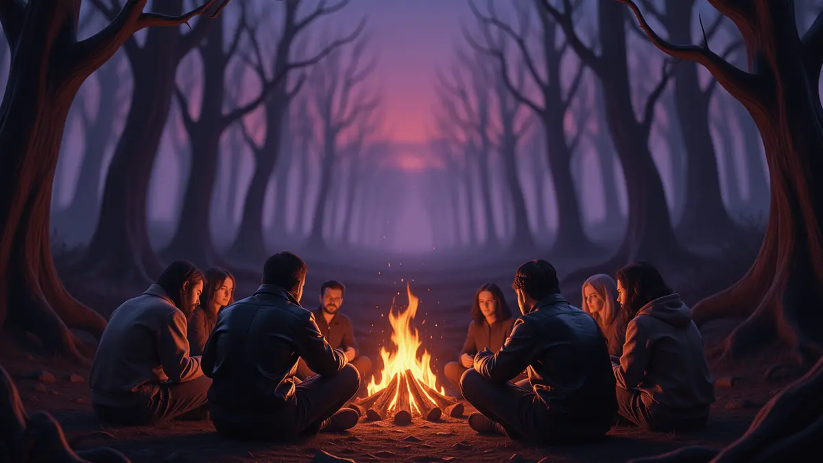 Don't Starve Together campfire scene with multiple players surviving in dark wilderness at night