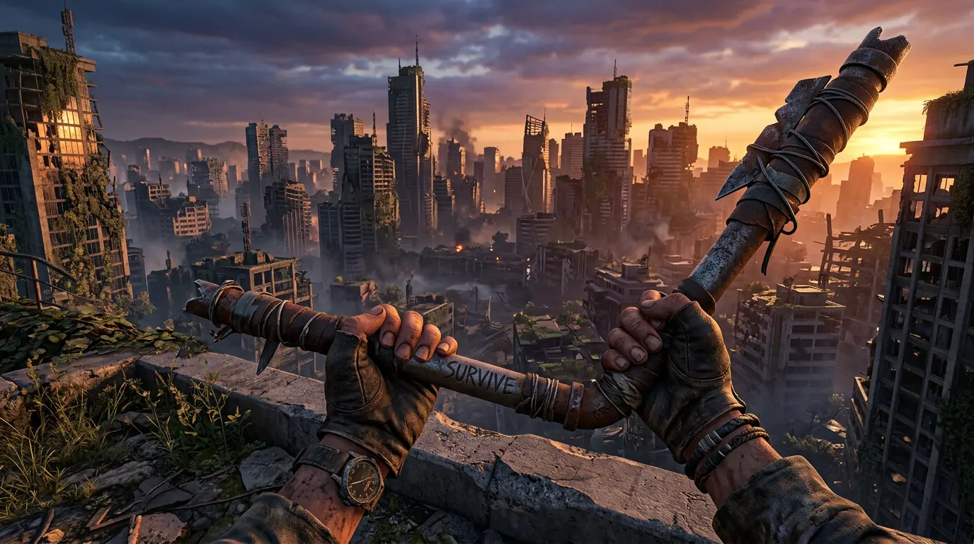 Post-apocalyptic city view at sunset in Dying Light 2 with enhanced PS5 Pro graphics