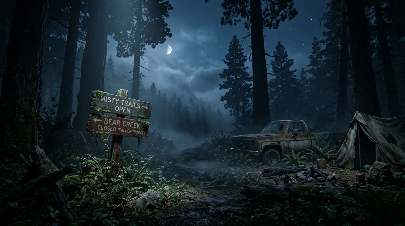 Atmospheric forest scene at night with fog and moonlight, evoking Dying Light: The Beast setting
