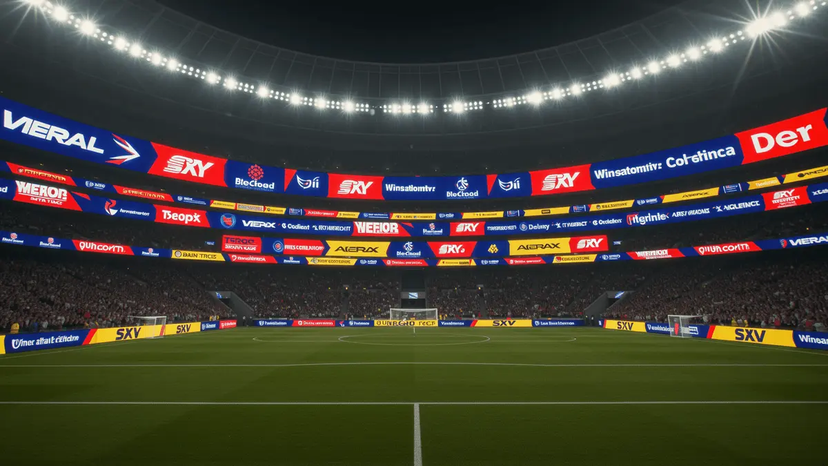 Stadium interior with dominant LED advertising billboards overwhelming the playing field