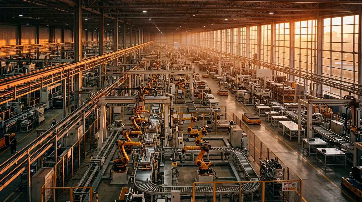Industrial factory floor with conveyor belts and machinery slowing down in golden hour lighting