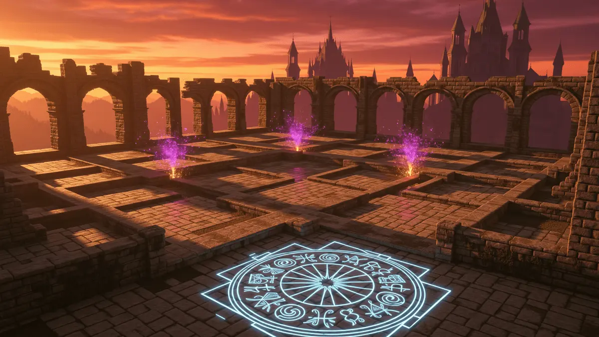 Tactical RPG battlefield grid with zodiac symbols and medieval fantasy architecture in golden sunset light