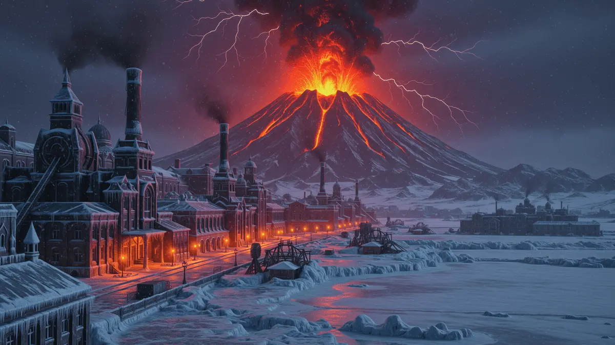 Frozen city beneath erupting volcano in Frostpunk 2 Breach of Trust DLC