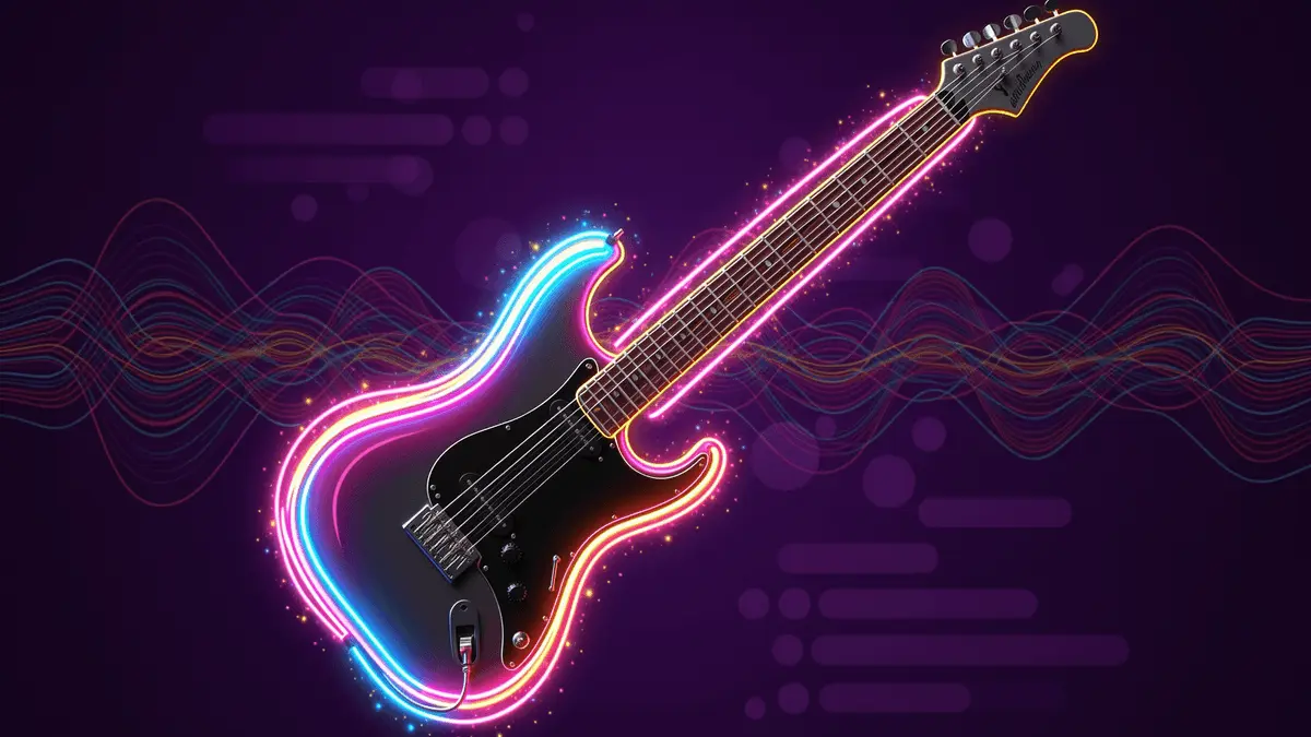 Electric guitar with neon energy trails and rhythm wave patterns in vibrant colors