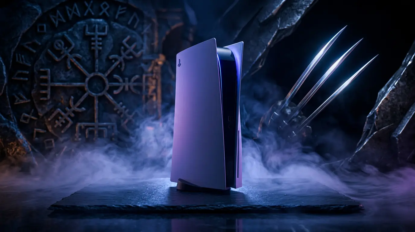 PlayStation 5 console in dramatic lighting with Nordic and Marvel-inspired atmospheric elements