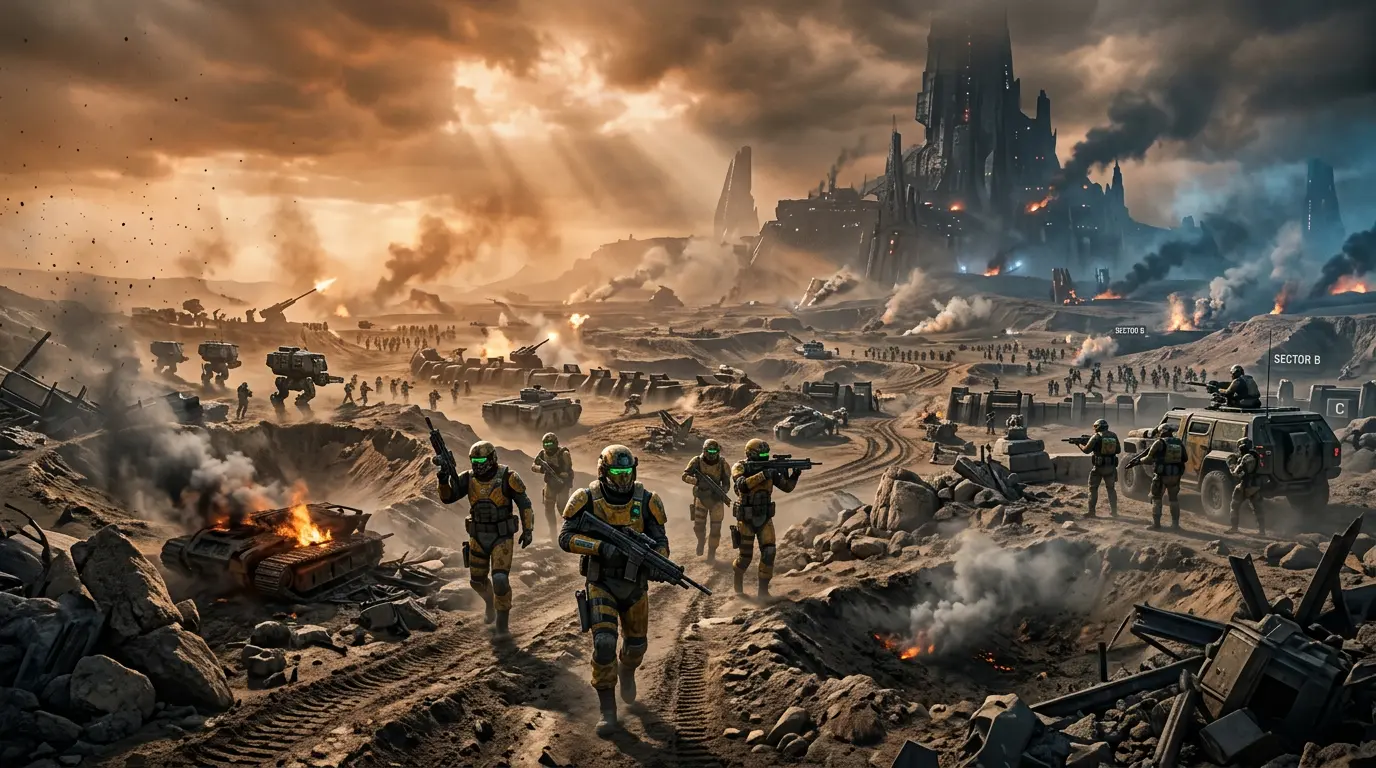 Helldivers 2 planetary battlefield with multiple combat zones and strategic frontlines
