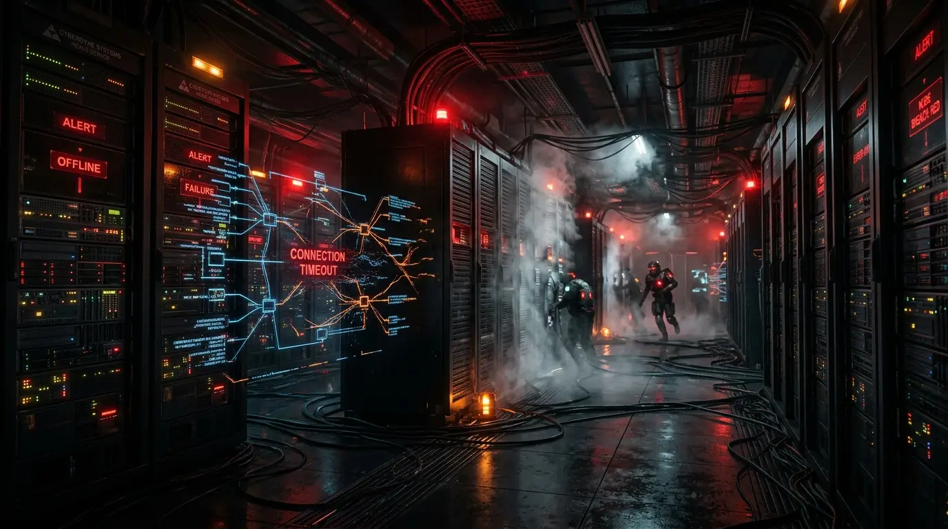 Marathon server room in crisis with red warning lights and overheated equipment during Season 2 outage