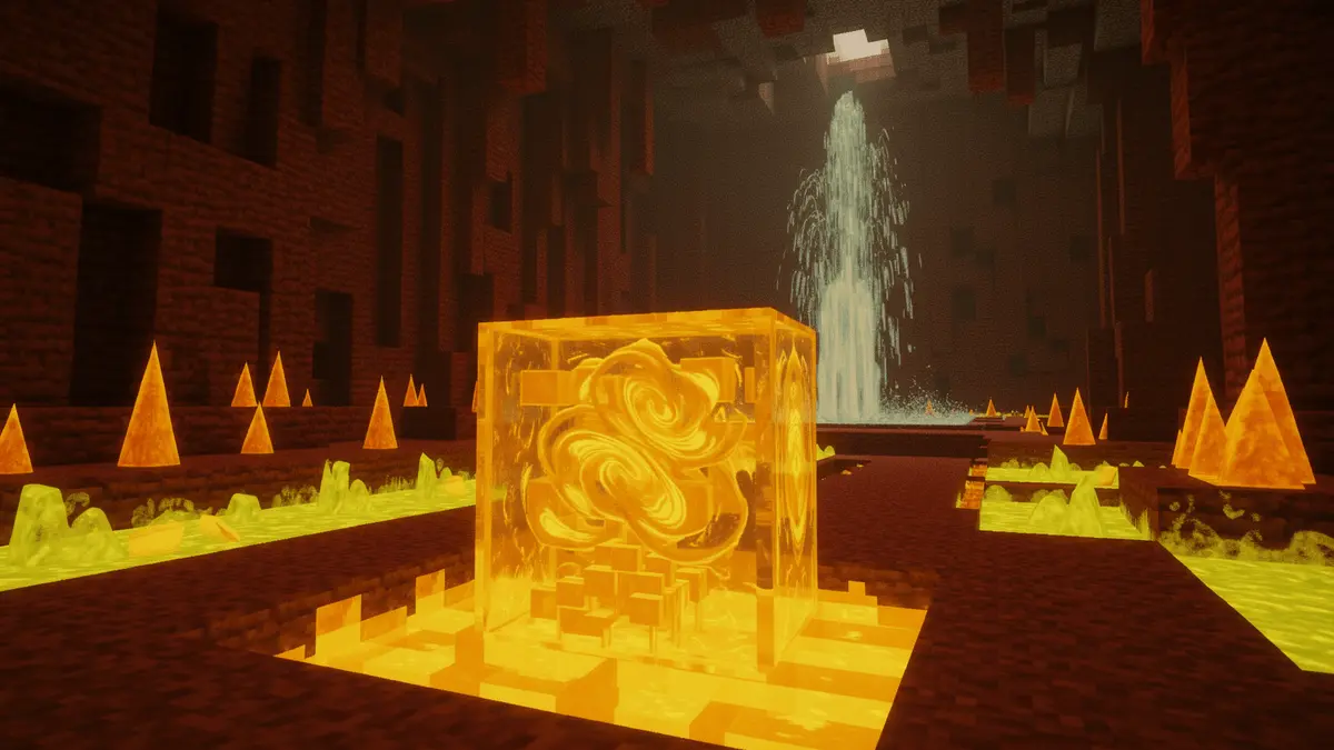 Minecraft sulfur cave with glowing yellow sulfur cube mob and bubbling sulfurous pools
