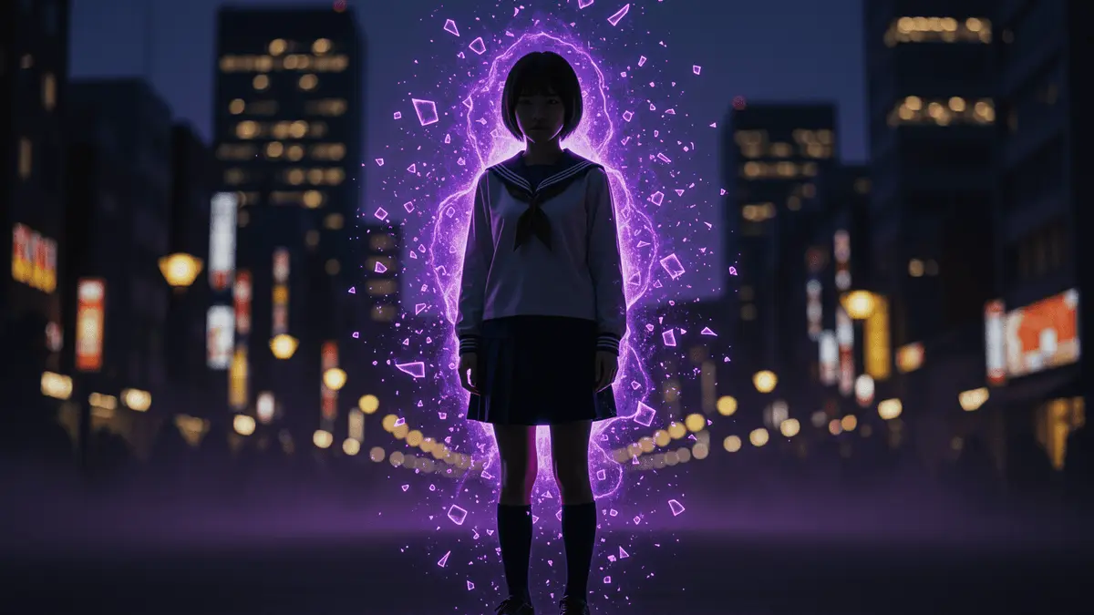 Mysterious figure in school uniform surrounded by supernatural energy in neon-lit Tokyo cityscape
