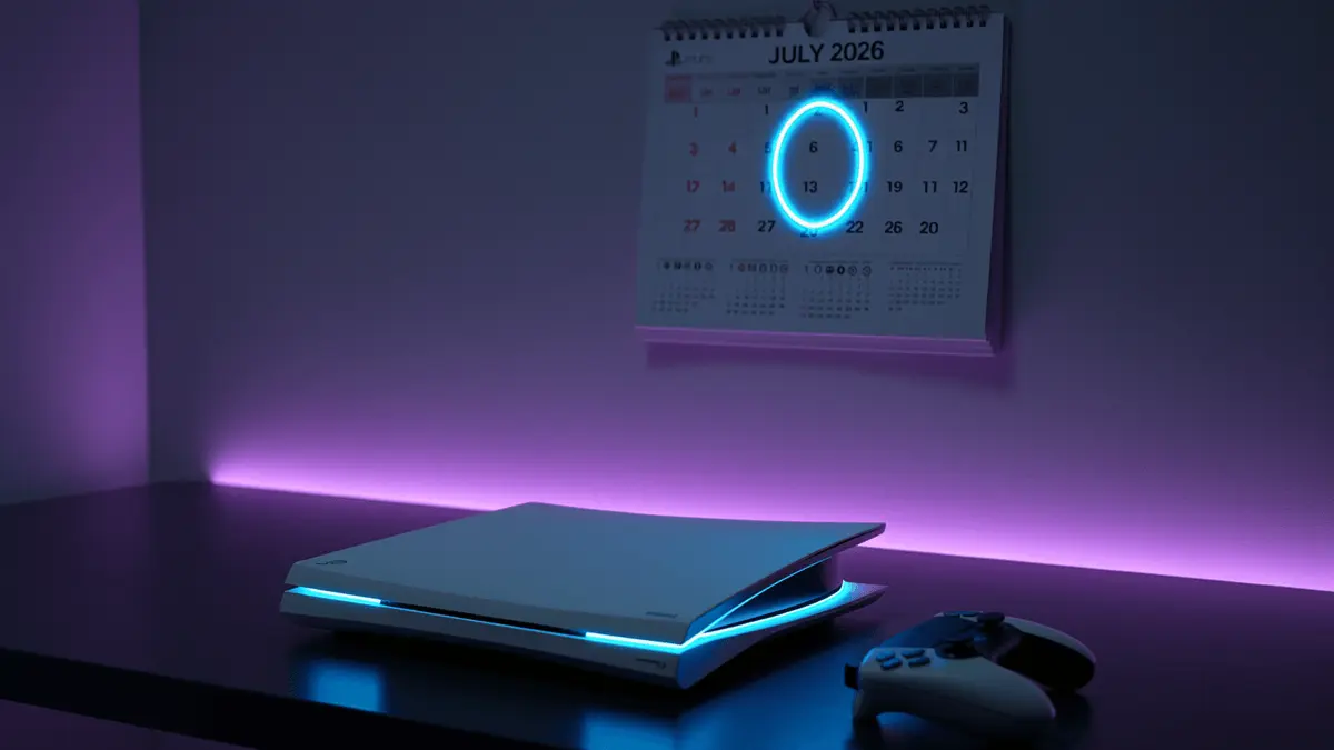 PlayStation 5 console with July 2026 calendar showing PS Plus Essential announcement date
