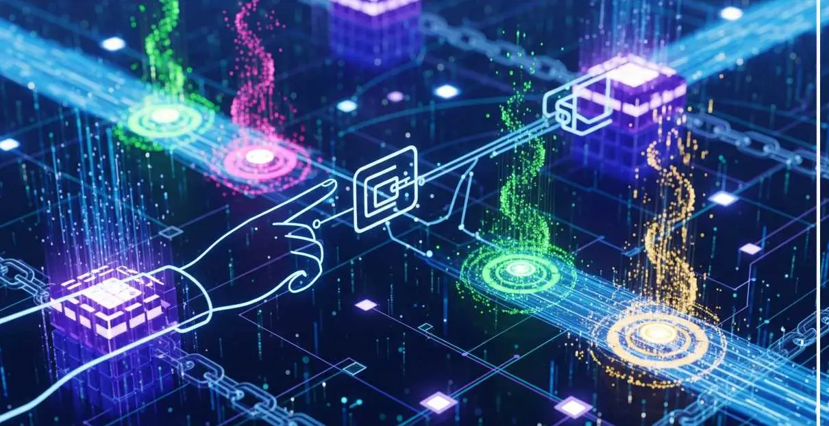 An abstract digital representation of connections with colorful particle effects.