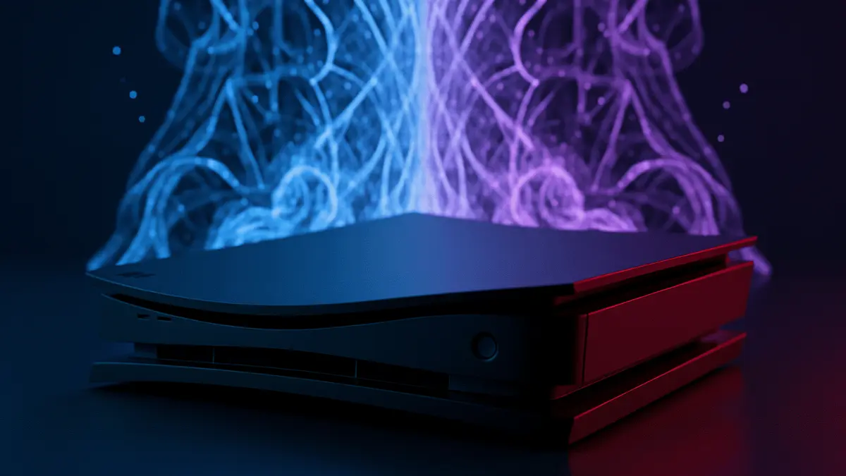 PlayStation 5 console with abstract AI neural network patterns representing Sony's strategic shift