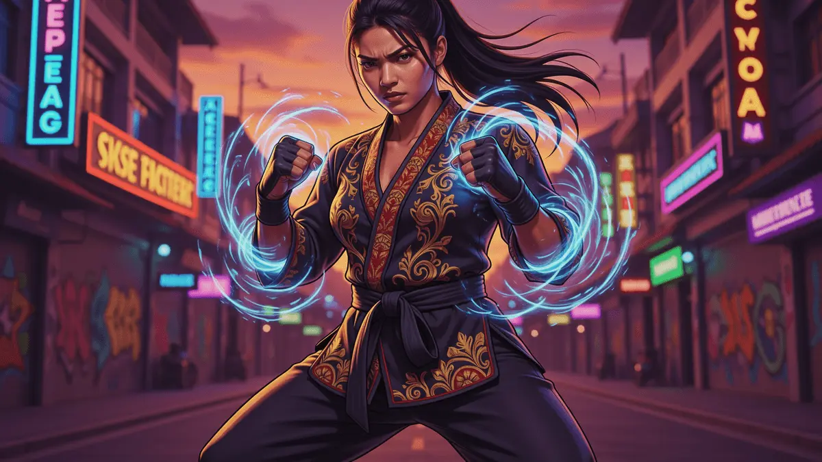 Yasmine Filipino fighter character Street Fighter 6 in dynamic combat stance with energy effects