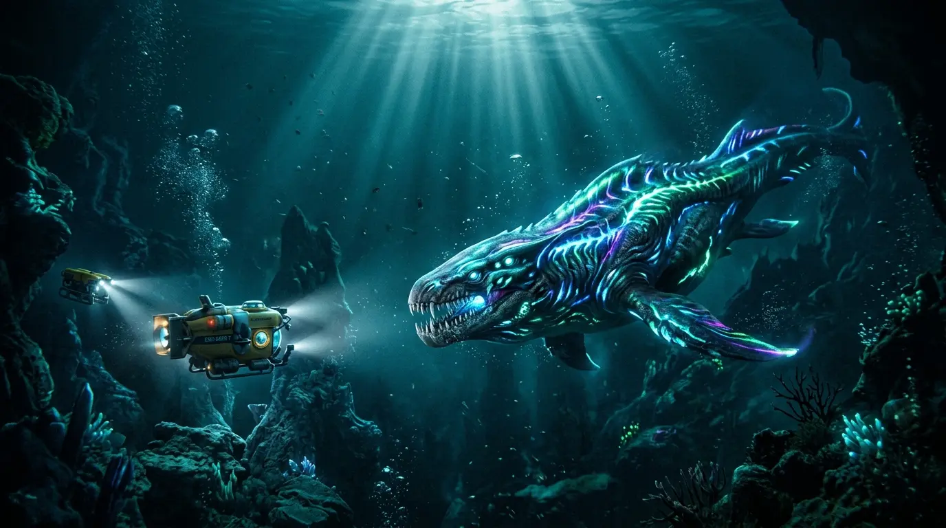 Subnautica 2 underwater scene with bioluminescent predator and diving equipment in alien ocean