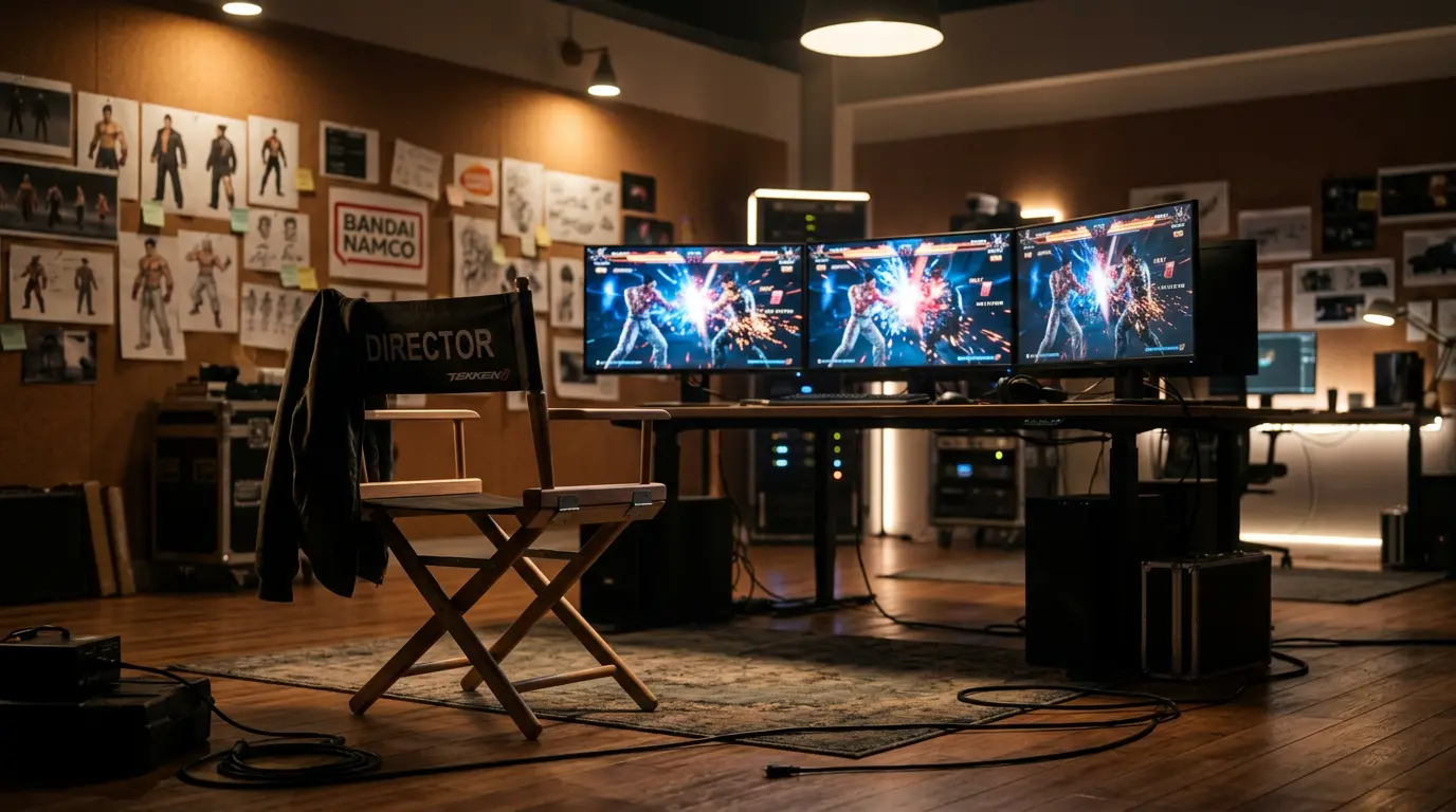 Empty director's chair in game studio with Tekken 8 gameplay on monitors