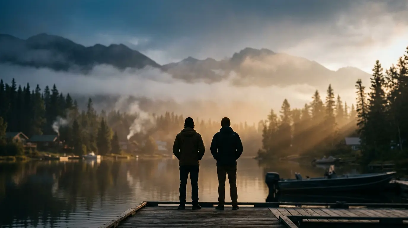 Two figures on Alaskan dock overlooking misty lake and pine forests at golden hour