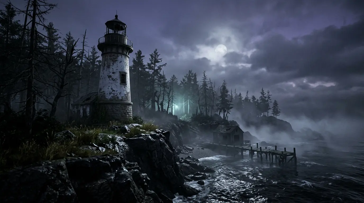 Eerie isolated island with lighthouse shrouded in fog at twilight for Until Dawn 2 horror game