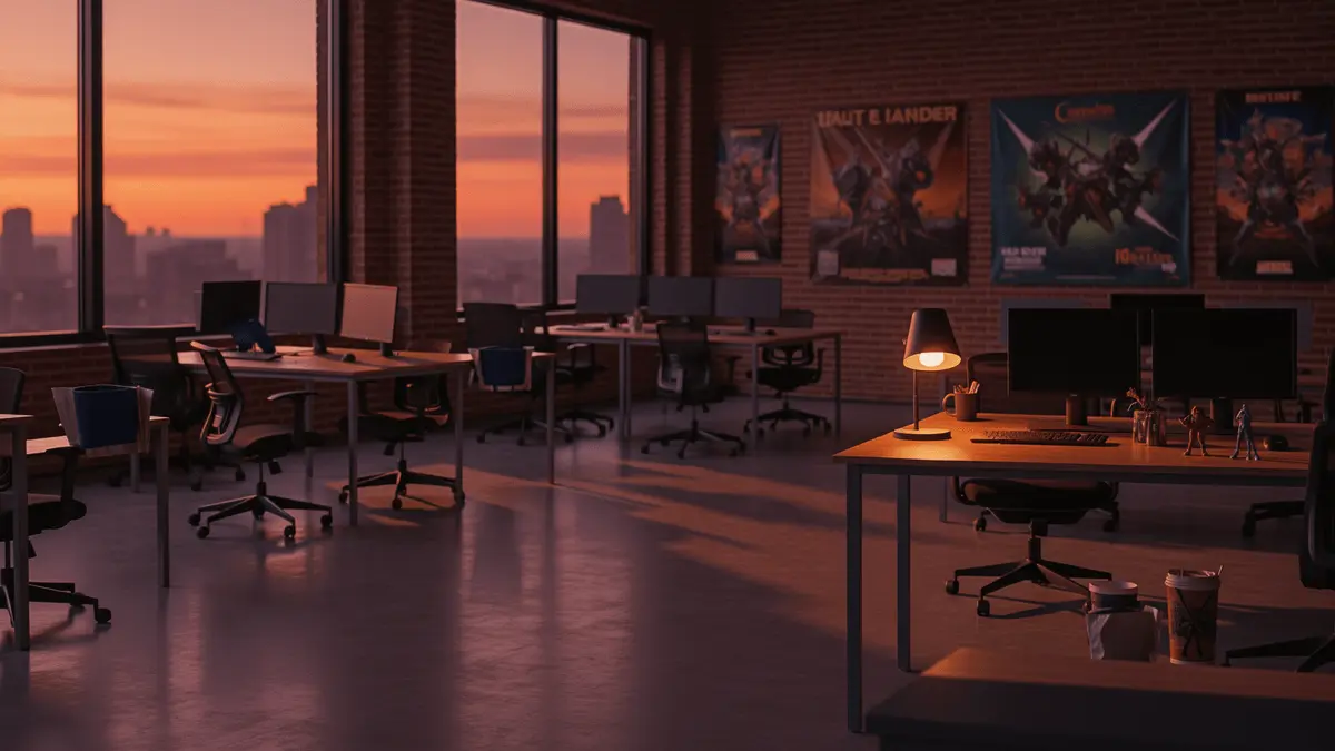 Empty game development studio office at dusk with abandoned workstations and equipment