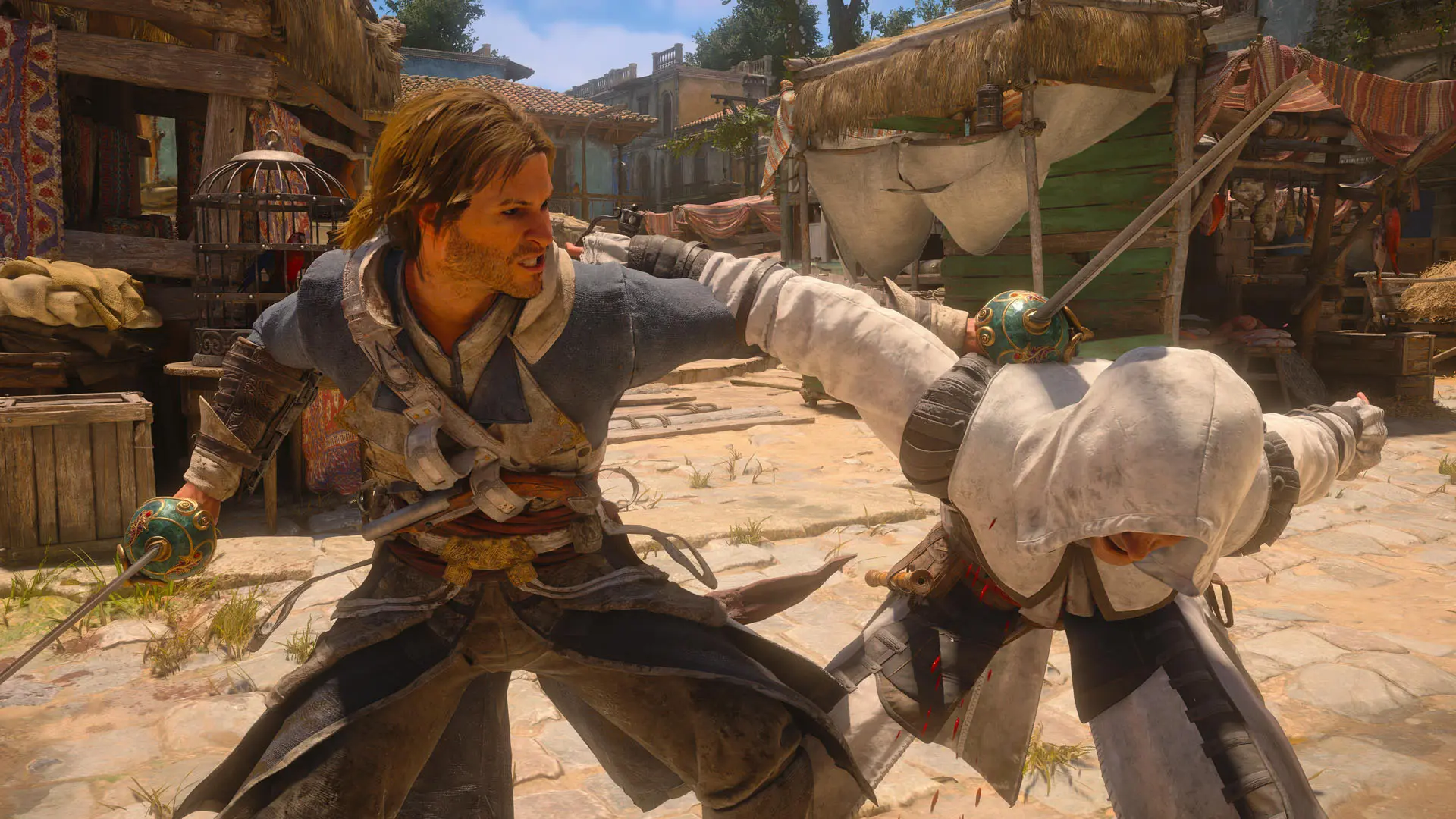 A character from Assassin's Creed Black Flag in a duel with another assassin.