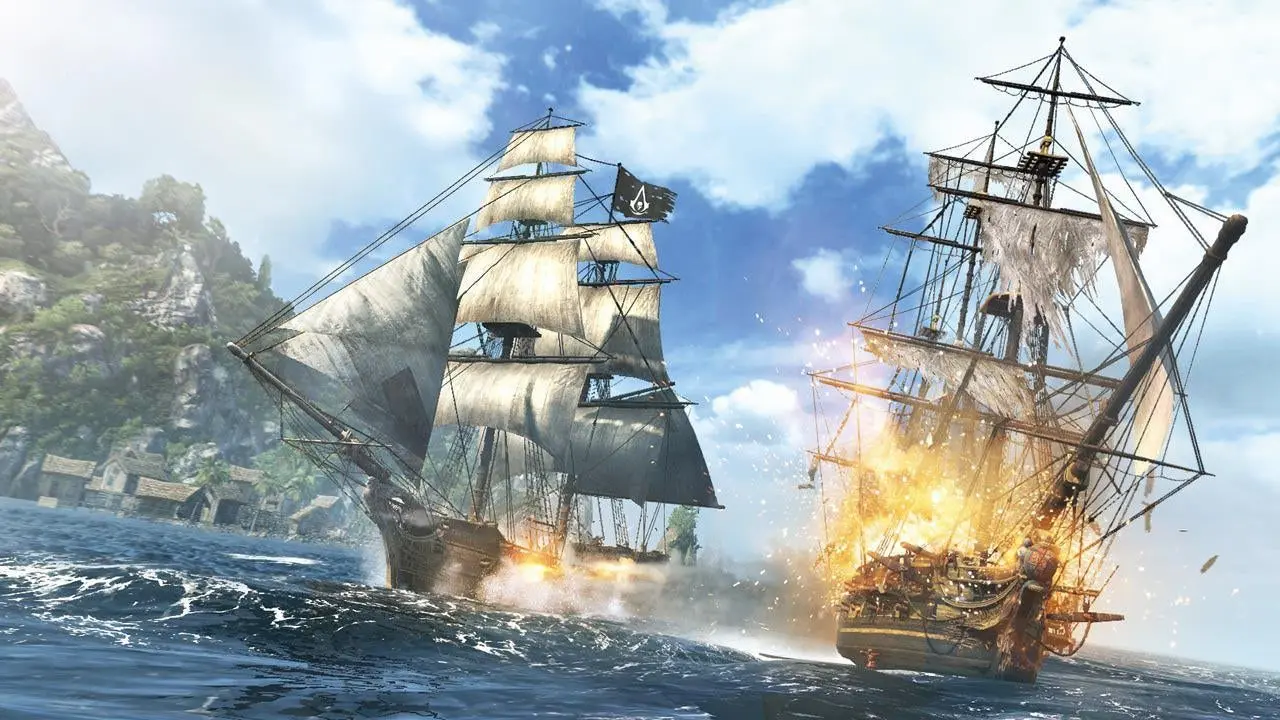 Naval battle scene from Assassin's Creed IV: Black Flag with two ships in combat.