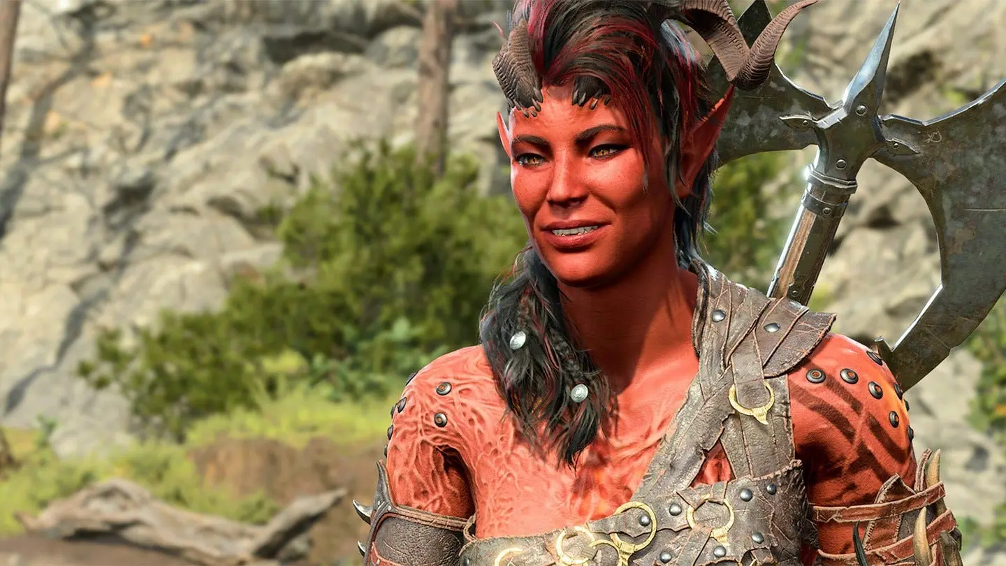A close-up portrait of Karlach from Baldur's Gate 3, a red-skinned tiefling with horns and an axe on her back.