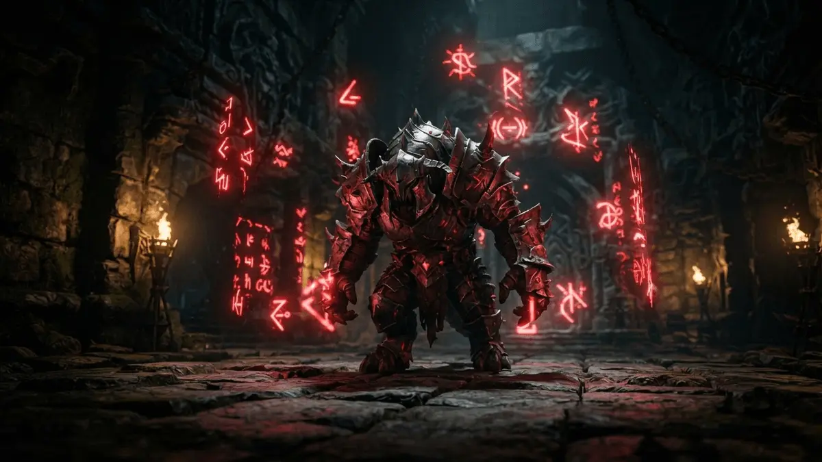 Dark WoW dungeon with boss surrounded by glowing forbidden developer code symbols